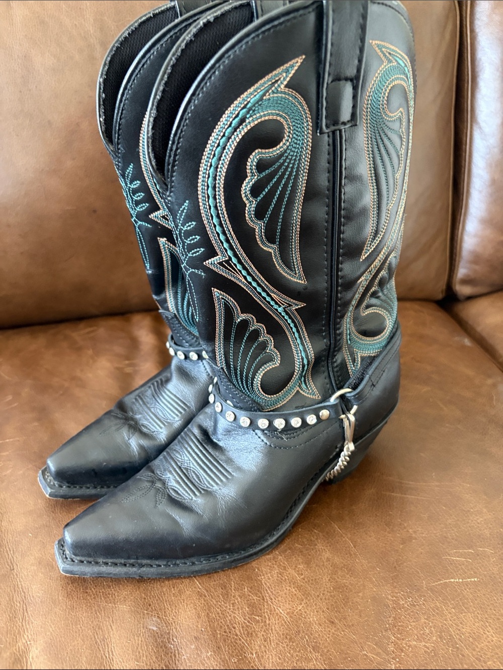 Laredo Women's Black Western Cowboy Boots with Teal Stitching - Picture 2 of 5